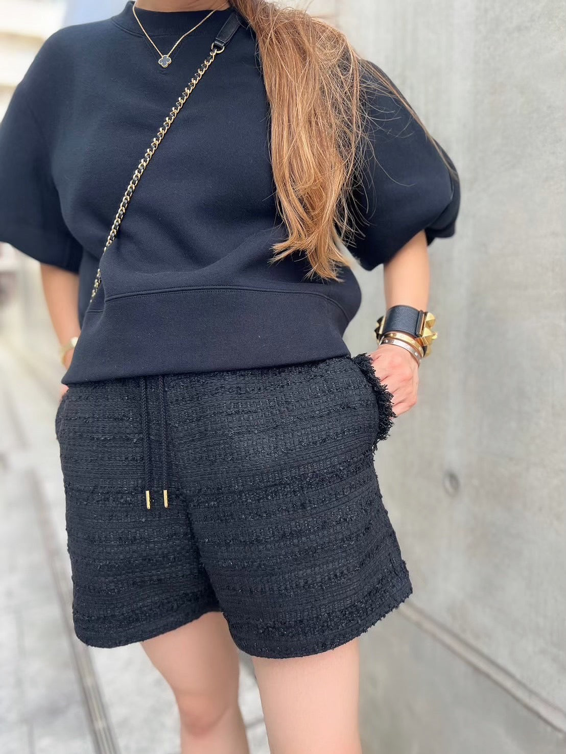 BLACK FRINGE TWEED SHORTS