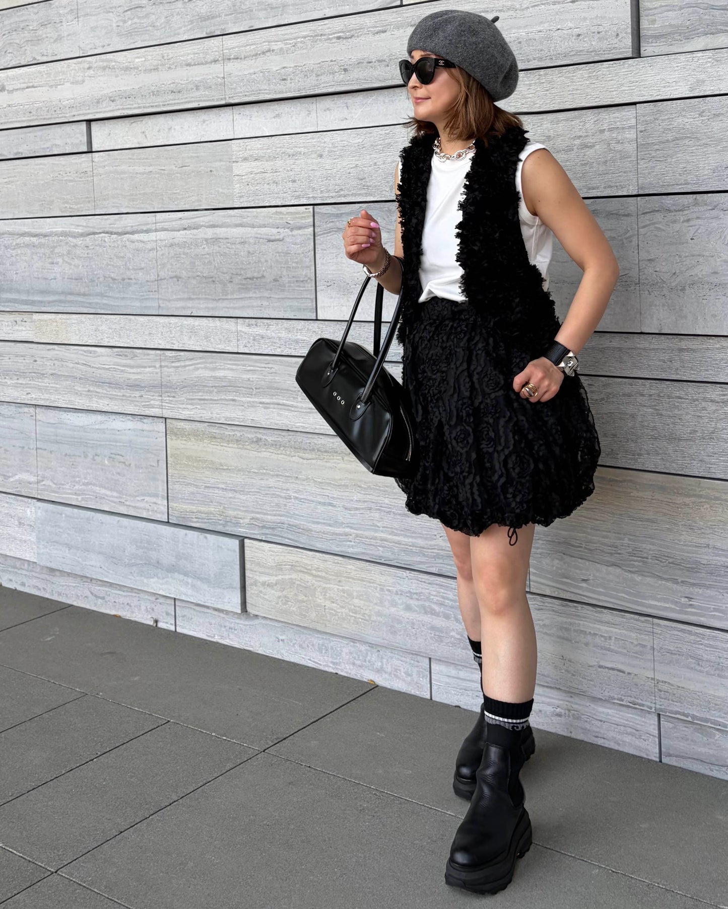 BLACK FLOWER TULLE BALLOON SKIRT