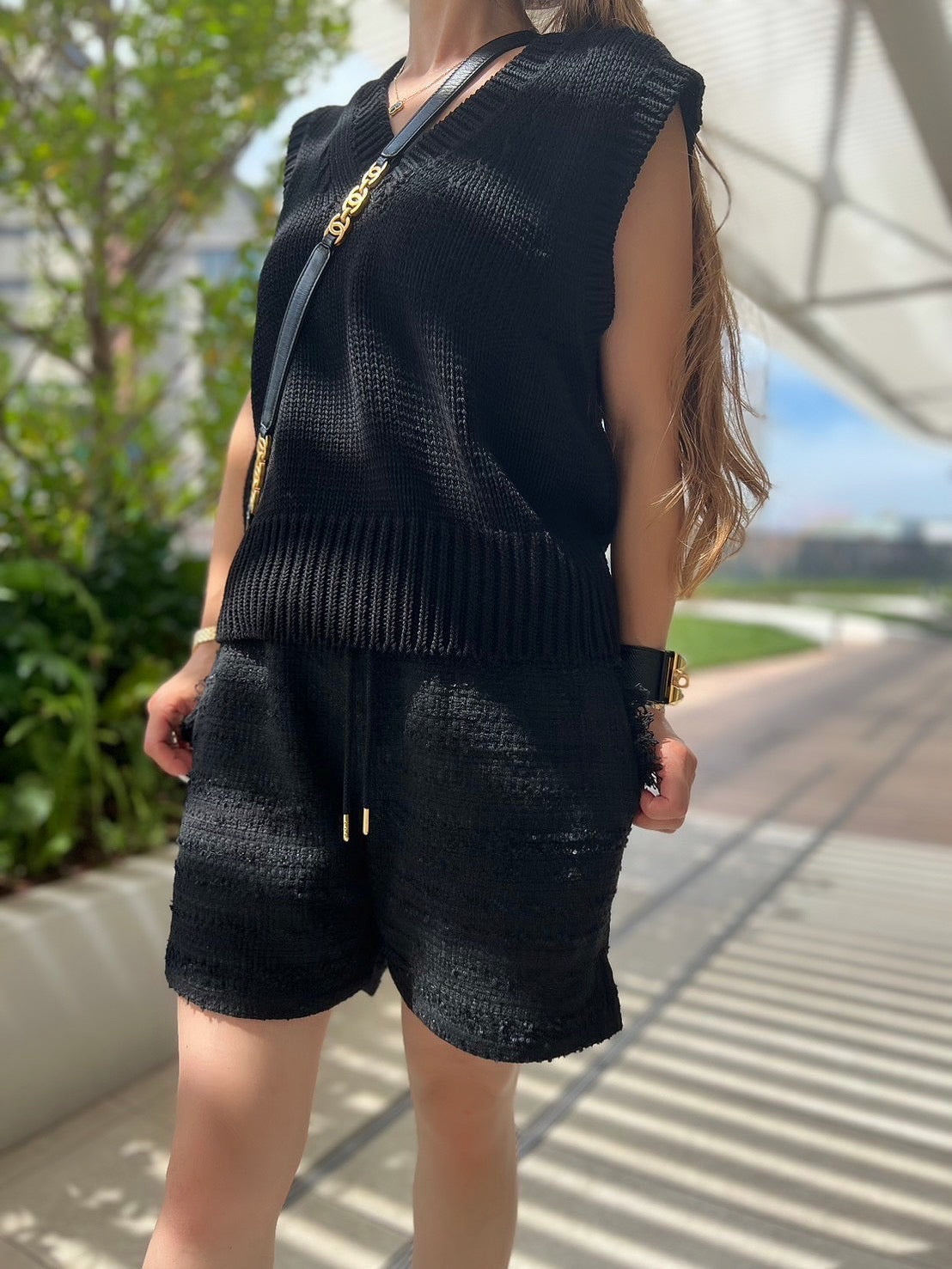 BLACK FRINGE TWEED SHORTS