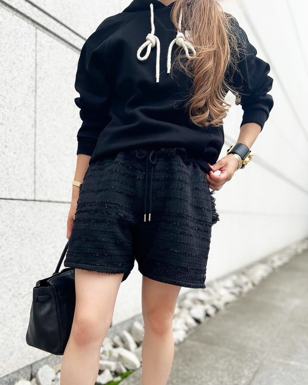 BLACK FRINGE TWEED SHORTS